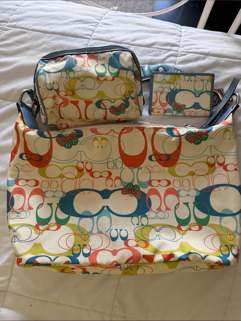 Coach Multicolor 3pc Signature Print Tote with Matching Pouch and Card Case
